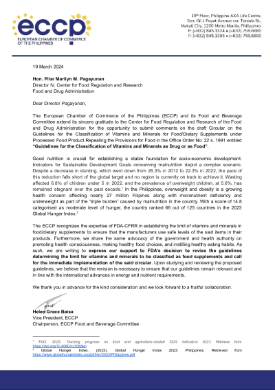 ECCP Position Paper on the Draft Circular for the Classification of Vitamins and Minerals for Food/Dietary Supplements under Processed Food Product