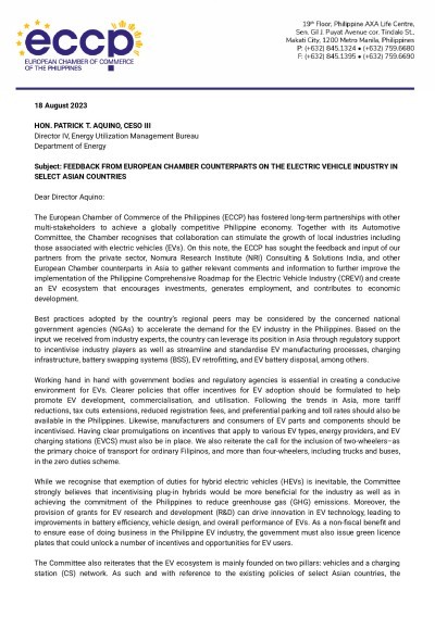 FEEDBACK FROM EUROPEAN CHAMBER COUNTERPARTS ON THE ELECTRIC VEHICLE INDUSTRY IN SELECT ASIAN COUNTRIES