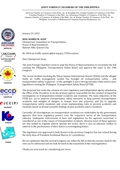 JFC letter to House Transportation Committee Chair Acop expressing support for the creation of the PTSB