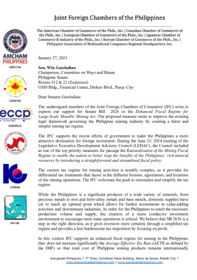 JFC Position on Senate Bill  2826 or the Enhanced Fiscal Regime for Large-Scale Metallic Mining Act.