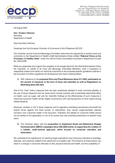 ECCP Position Paper on the "National Policy on the Promotion of Healthy Diets," as outlined in Department Circular No. 2024-0296.