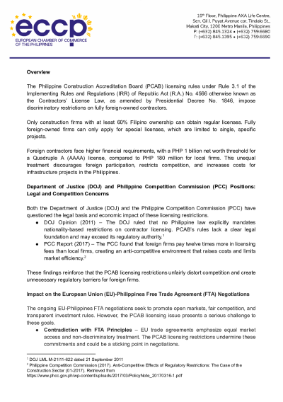 ECCP Position on PCAB Licensing