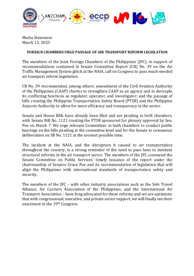 Media Statement: FOREIGN CHAMBERS URGE PASSAGE OF AIR TRANSPORT REFORM LEGISLATION