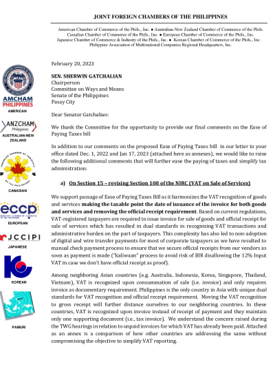 JFC position paper to SWMC Chair Gatchalian on Ease of Paying Taxes Act