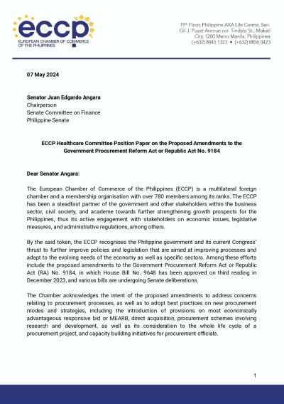 ECCP Position Paper on the Proposed Amendments to the Government Reform Procurement Act or RA 9184