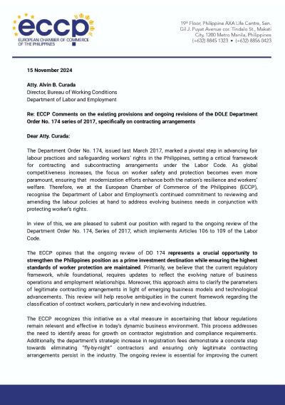 ECCP Comments on the existing provisions and ongoing revisions of the DOLE Department Order No. 174 series of 2017, specifically on contracting arrangements